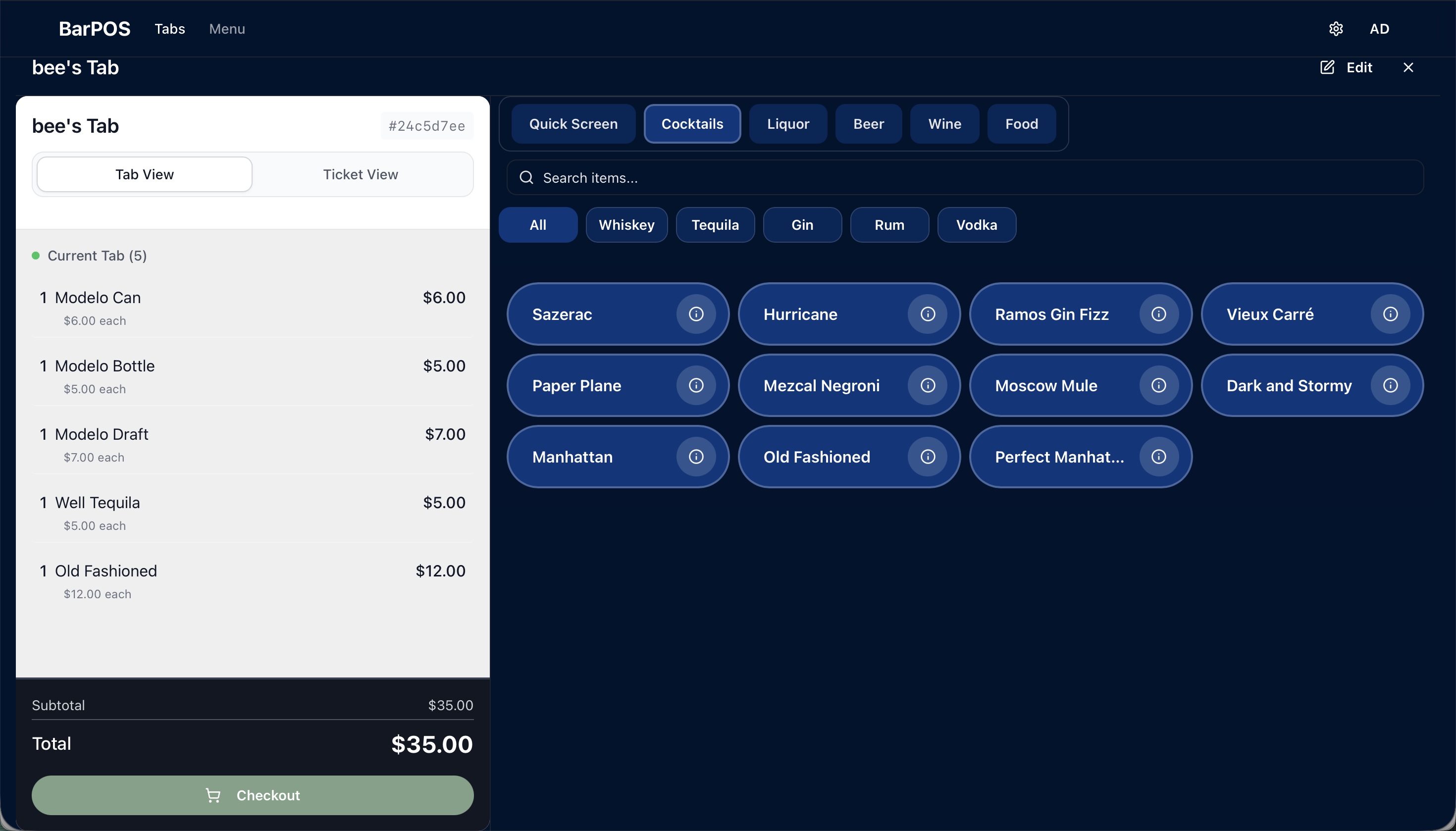 bar-pos tab view — cocktail selection with category and spirit filters.