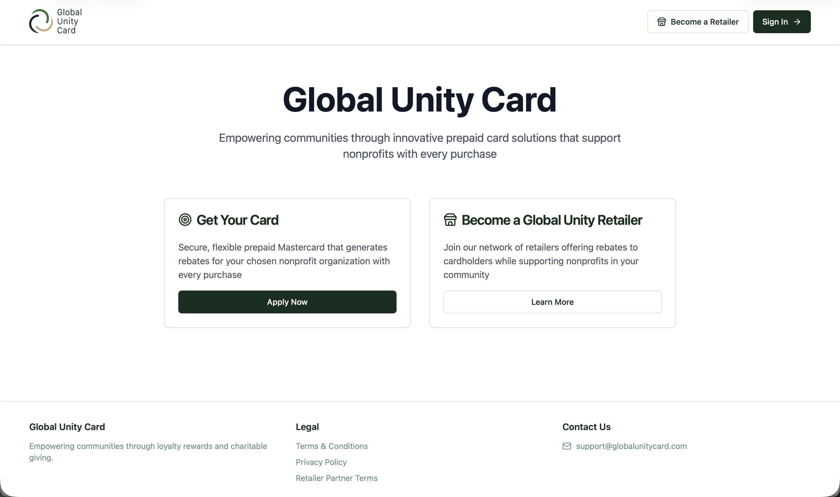 Global Unity Card — landing page for the three-sided nonprofit-rebate card platform.