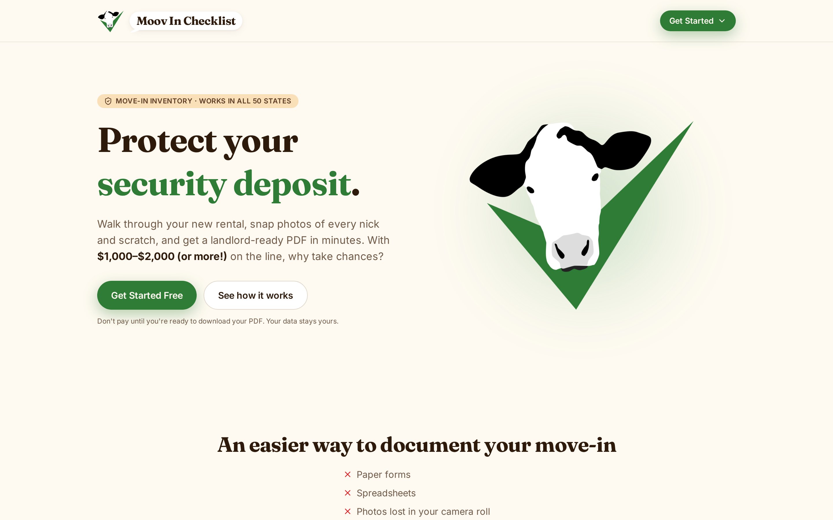 Moov In Checklist — renter-first move-in inventory app homepage.