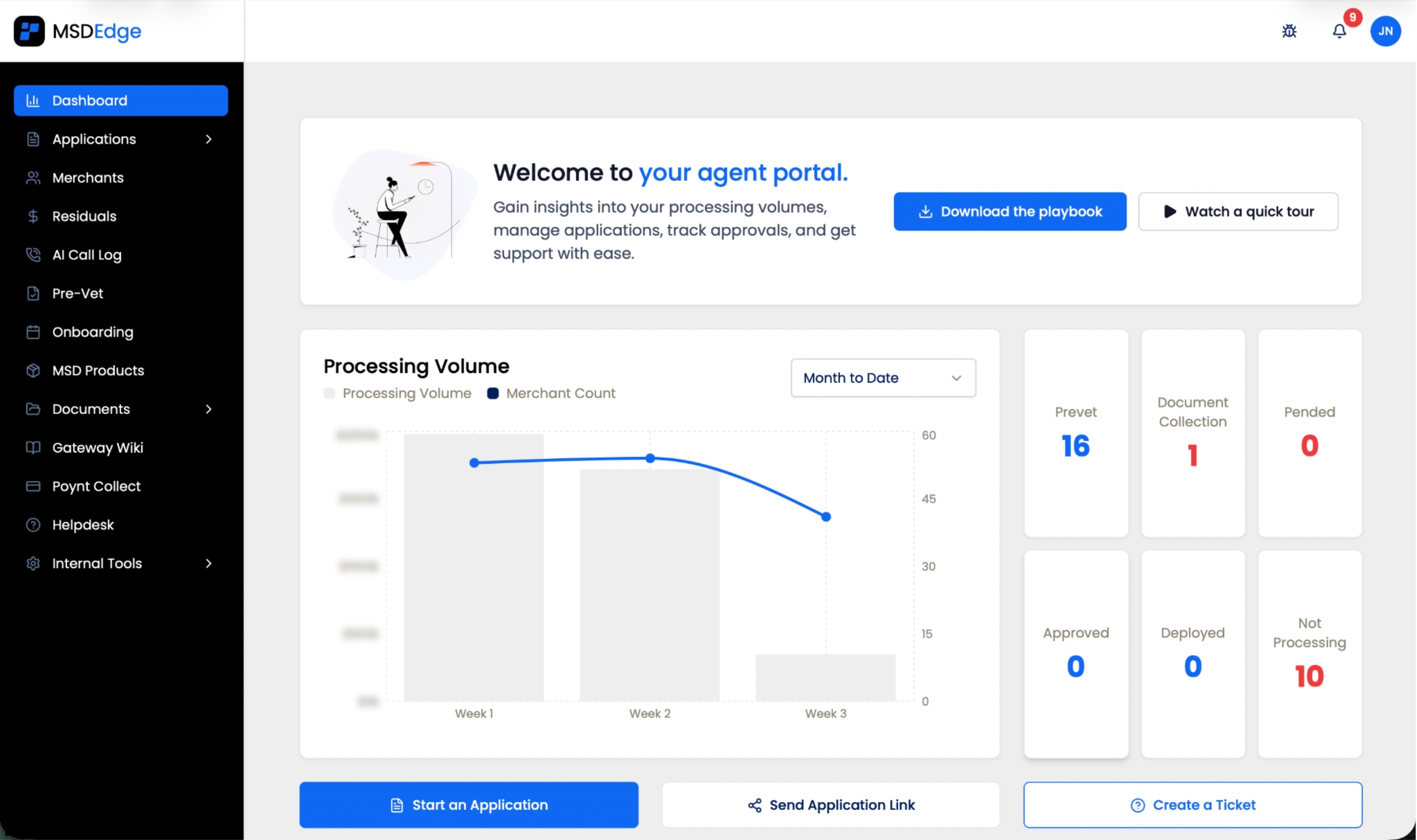 MSD Partner Portal — dashboard showing application pipeline and processing volume.